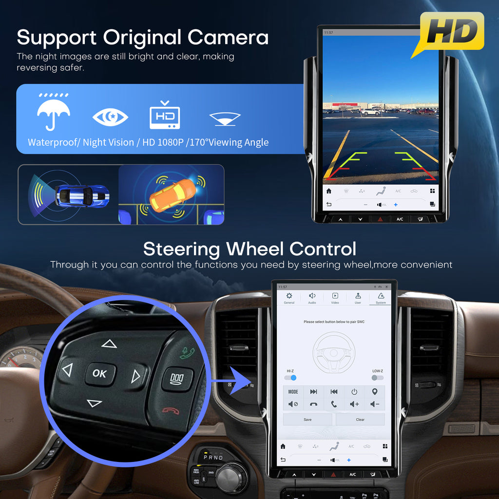 Car Radio for Dodge Ram 1500 2500 3500 2019 2020 2021 2022 2023 2024 Stereo Radio Replacement Upgrade 8Core 8+128G Wireless Carplay Android Auto 14.4 Inch IPS Touch Screen 4G WiFi SWC DSP