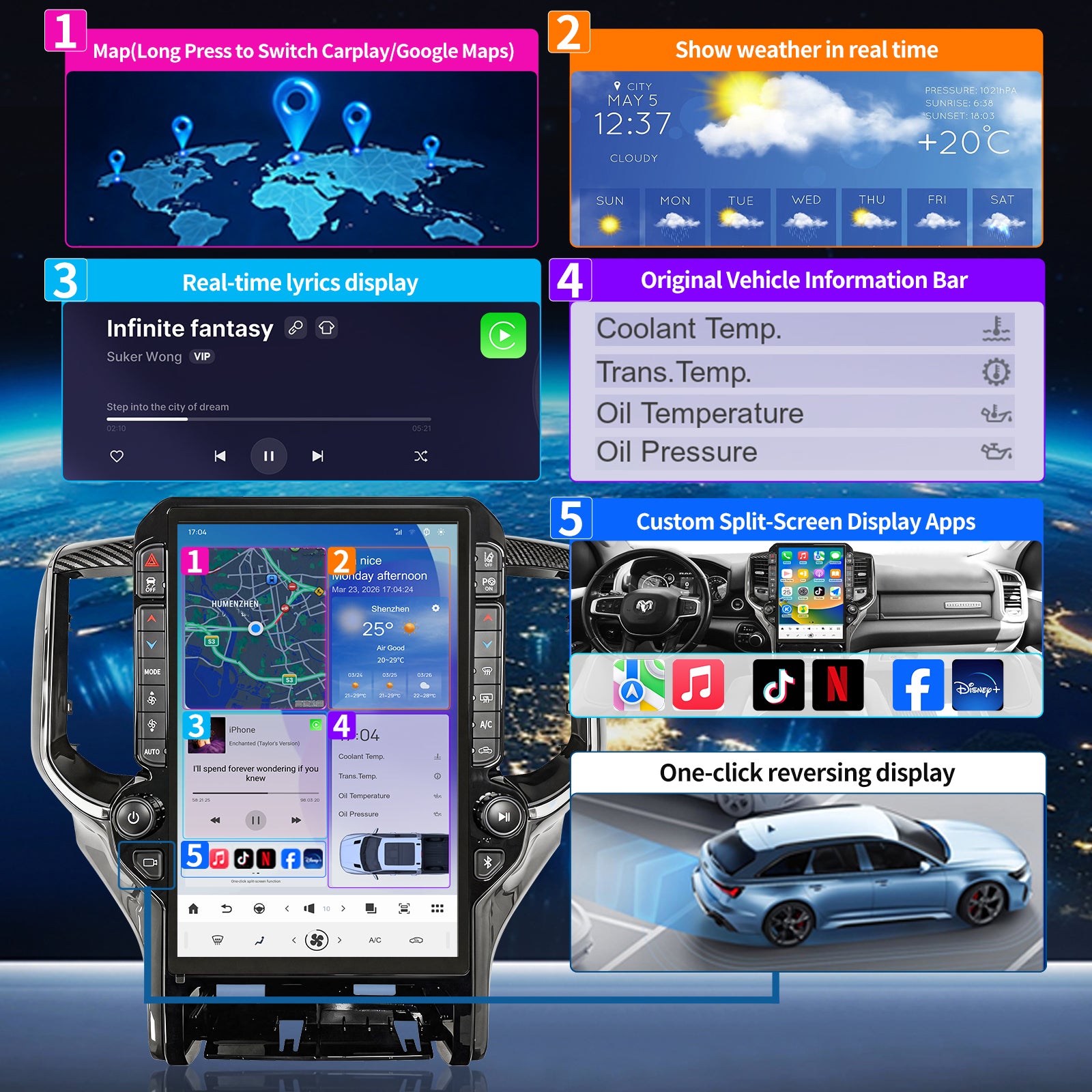Android 14 Radio for Dodge Ram 1500 2500 3500 2019 2020 2021 2022 2023 2024 Radio Stereo 8Core 8+128G Wireless Carplay Android Auto 14.4 Inch IPS Touch Screen 4G WiFi SWC DSP
