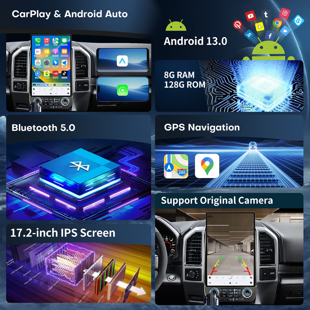 17.2 Inch Car Radio for Ford F150 2015-2021 Radio Upgraded 8+128G Carplay Android Auto Android 13 2K Touch Screen Tesla Style Head Unit GPS Navigation 4G SWC