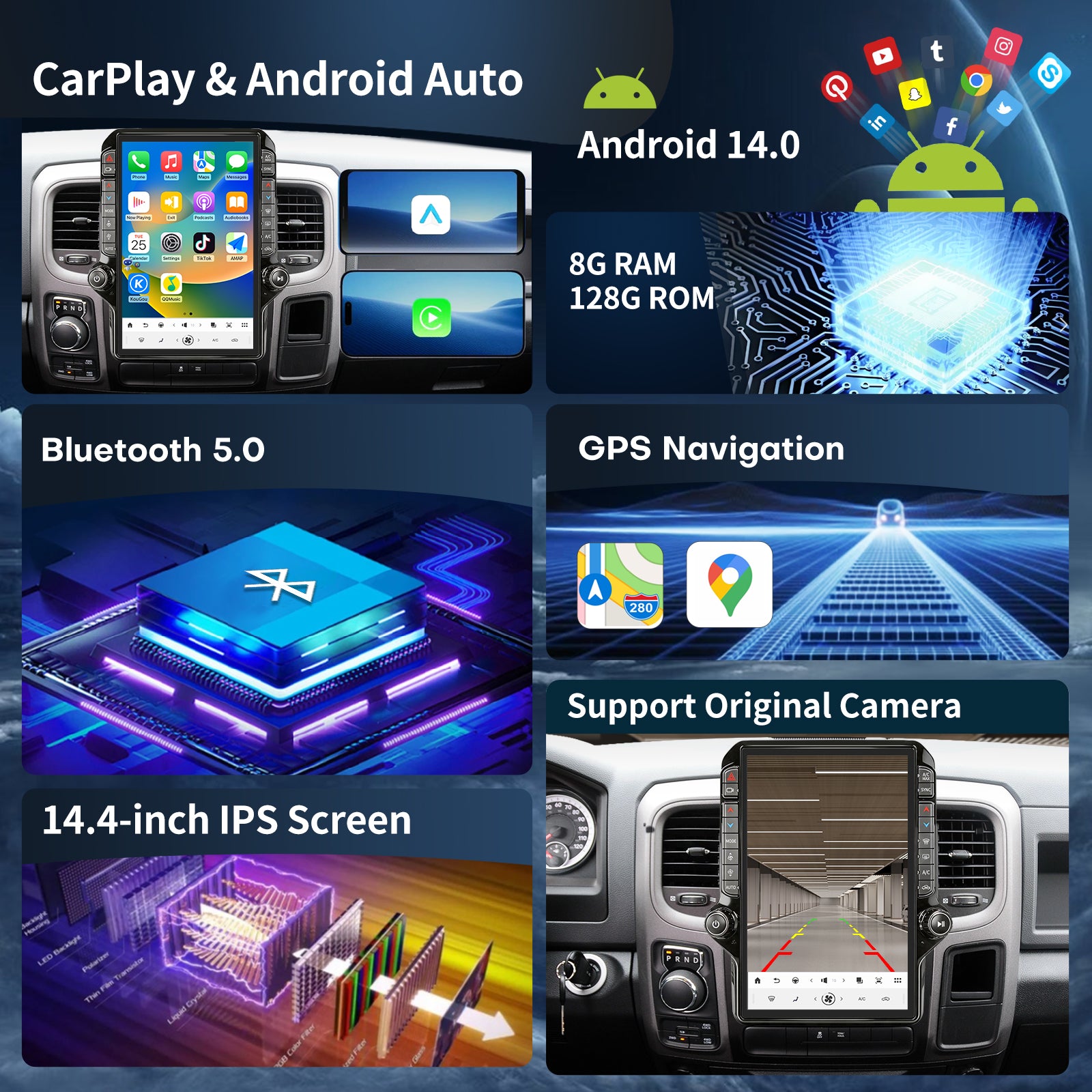 Car Radio for Dodge Ram 1500 2500 3500 2013-2018 Radio Stereo Upgrade 8Core 8+128G Wireless Carplay Android Auto 14.4 Inch IPS Touch Screen 4G WiFi SWC DSP