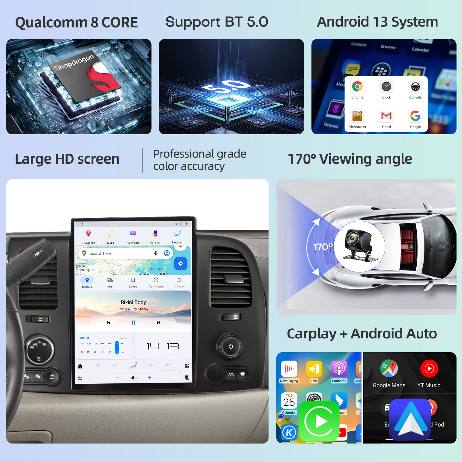 Qualcomm Car Radio for Chevrolet Silverado GMC Sierra 2007-2013 Upgrade 14.4 Inch Stereo Replacement Carplay Android Auto 2K IPS Touch Screen Tesla Style Head Unit