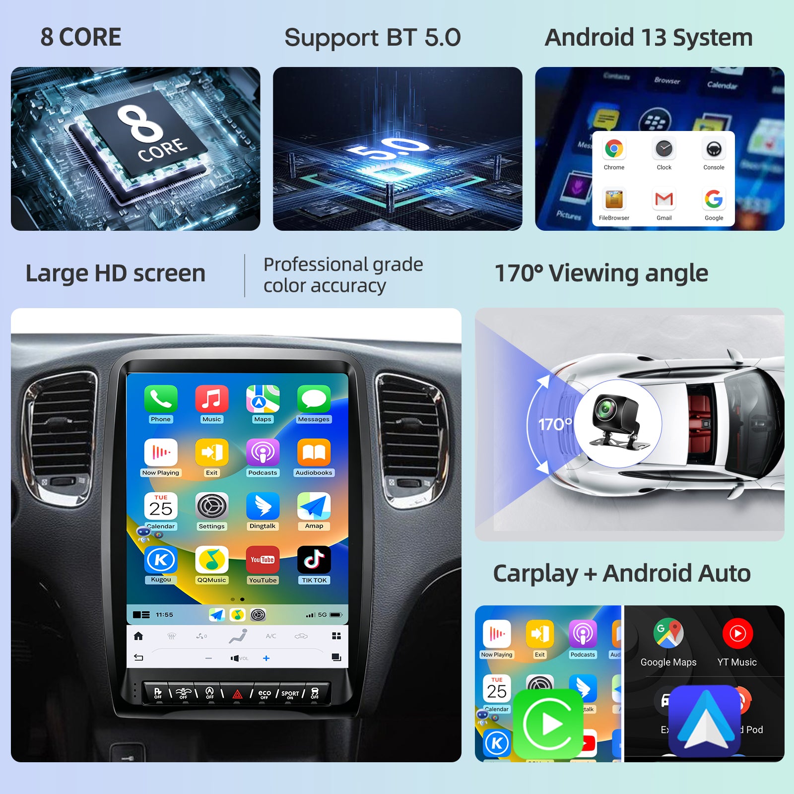 Qualcomm Car Radio for Dodge Durango 2014-2020 Stereo Replacement Android 13 Carplay Android Auto Head Unit Upgrade 13.8 Inch 2K IPS Touch Screen Tesla Style GPS Navigation Multimedia Play