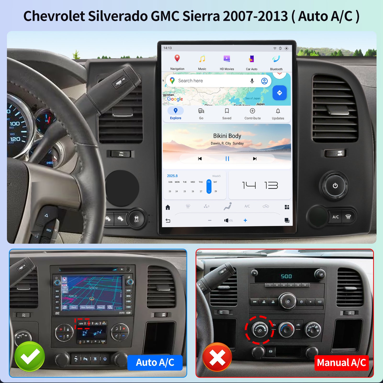 Qualcomm Car Radio for Chevrolet Silverado GMC Sierra 2007-2013 Upgrade 14.4 Inch Stereo Replacement Carplay Android Auto 2K IPS Touch Screen Tesla Style Head Unit