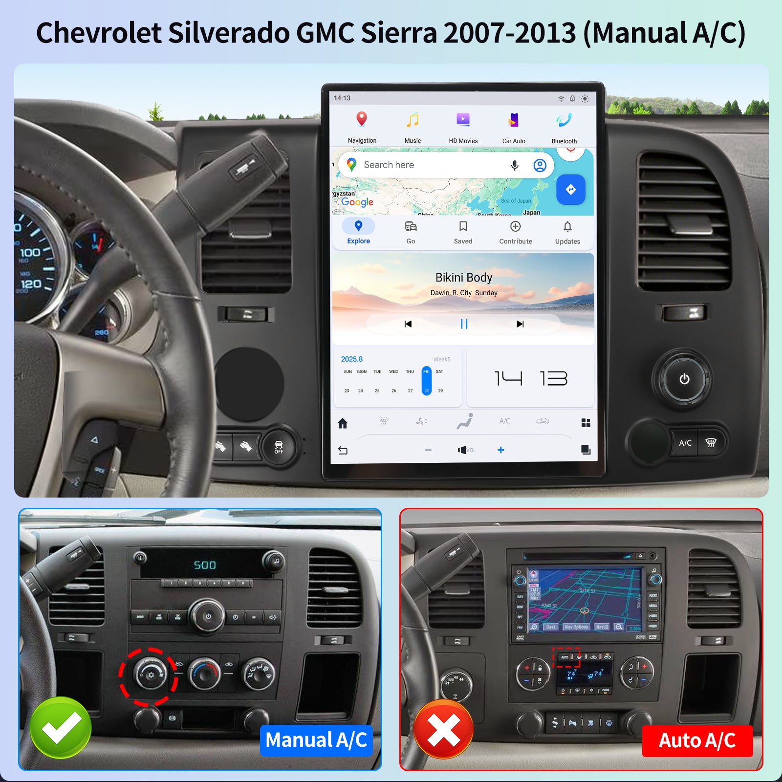 Qualcomm Car Radio for Chevrolet Silverado GMC Sierra 2007-2013 Upgrade 14.4 Inch Stereo Replacement Carplay Android Auto 2K IPS Touch Screen Tesla Style Head Unit