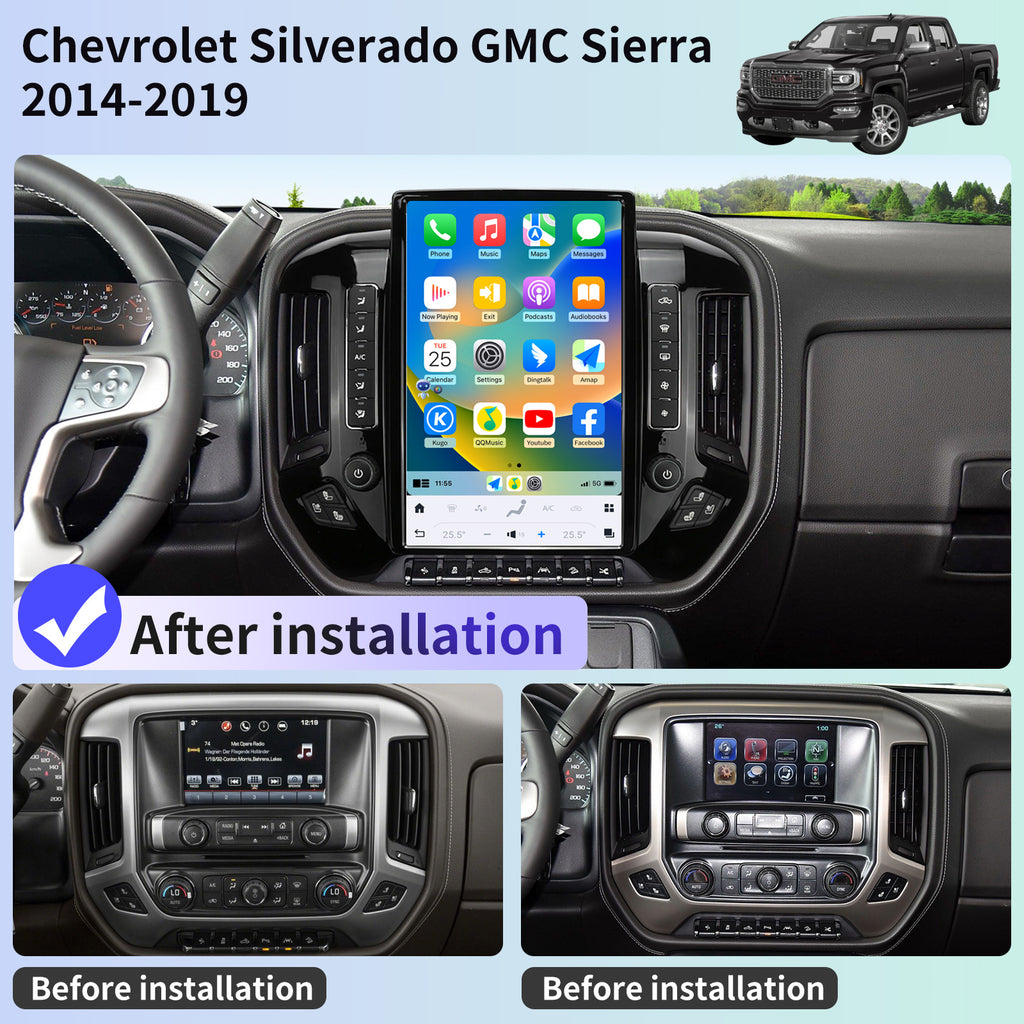 Car Radio for Chevrolet Silverado GMC Sierra 2014-2019 Stereo Replacement Head Unit 14.4 Inch 2K IPS Touch Screen Tesla Style Carplay Android Auto GPS Navigation Multimedia Play