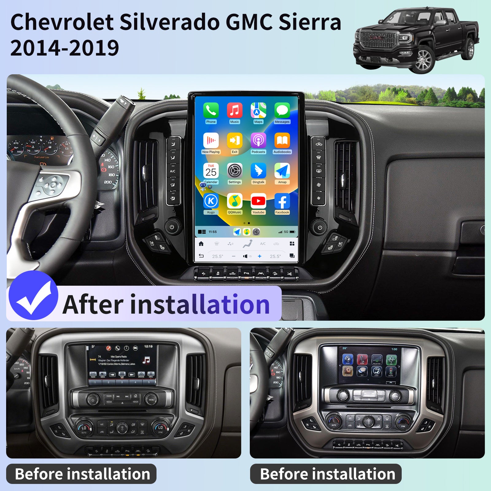 Car Radio for Chevrolet Silverado GMC Sierra 2014-2019 Stereo Replacement Head Unit 14.4 Inch 2K IPS Touch Screen Tesla Style Carplay Android Auto GPS Navigation Multimedia Play