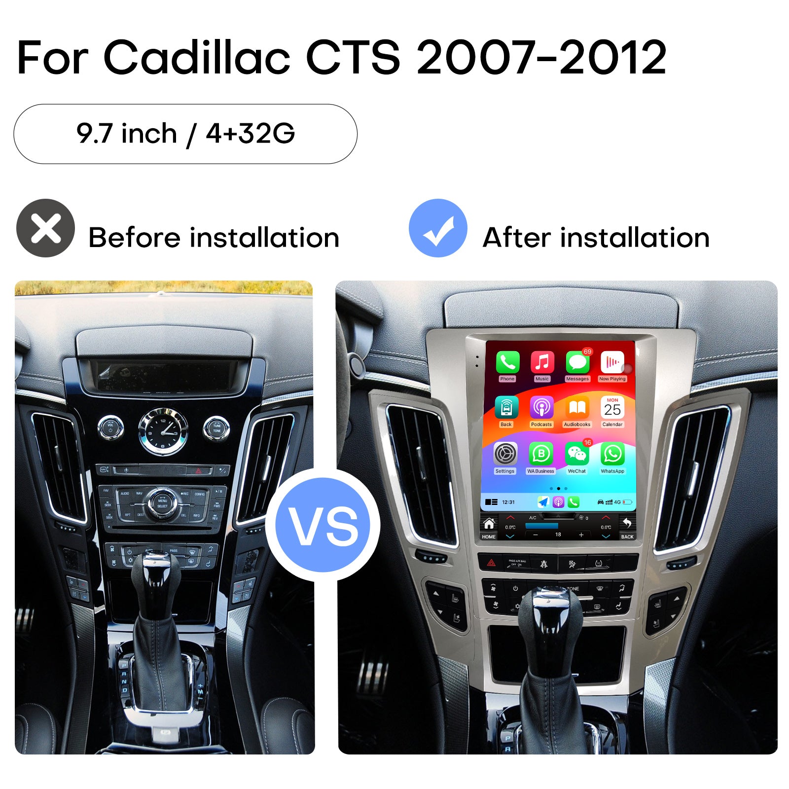 Car Radio for Cadillac CTS 2008-2012 Stereo Replacement Upgrade Carplay Android Auto Vertical Touch Screen Tesla Style with DSP in Dash Headunit Multimedia Player Audio Voice Control GPS Navigation