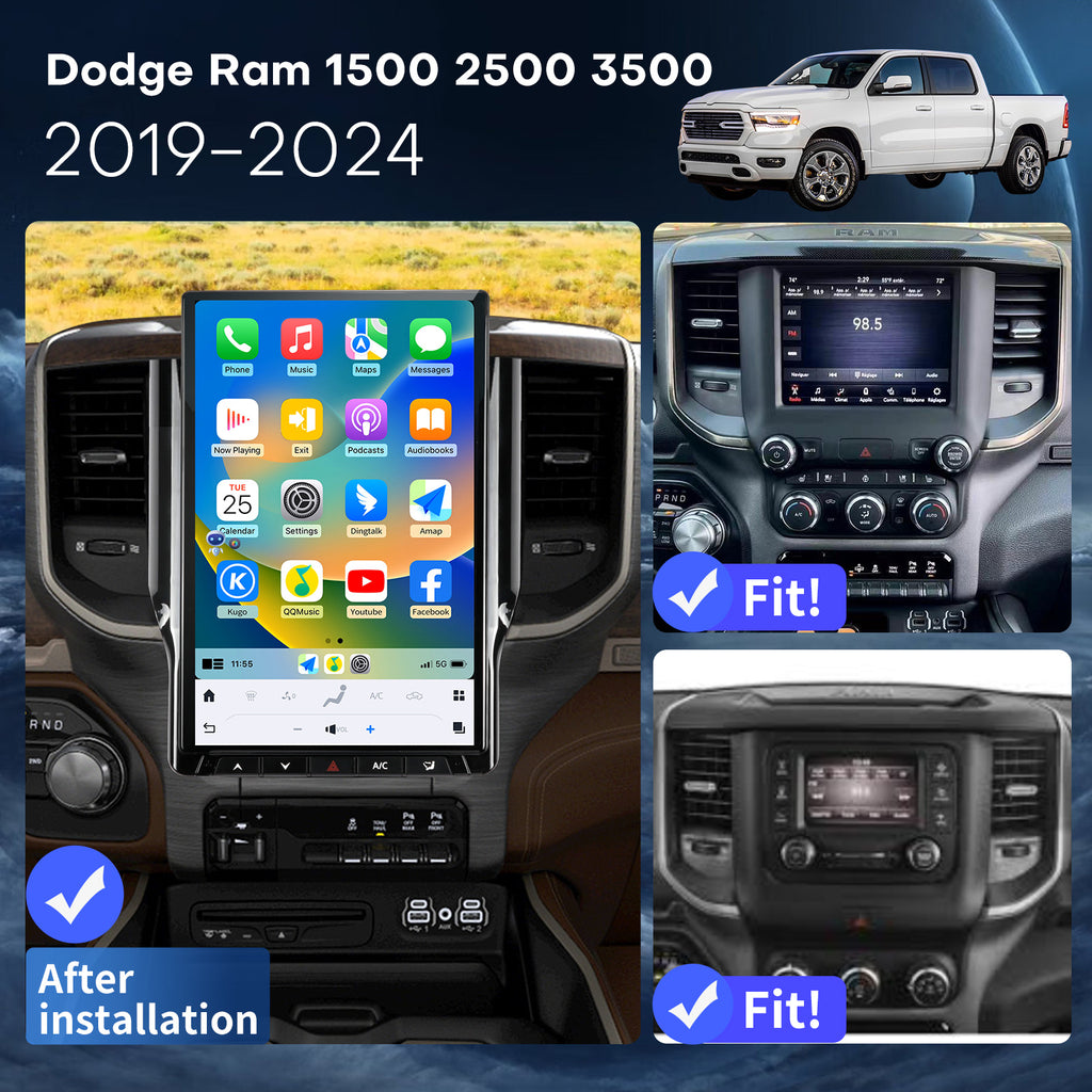 Car Radio for Dodge Ram 1500 2500 3500 2019 2020 2021 2022 2023 2024 Stereo Radio Replacement Upgrade 8Core 8+128G Wireless Carplay Android Auto 14.4 Inch IPS Touch Screen 4G WiFi SWC DSP