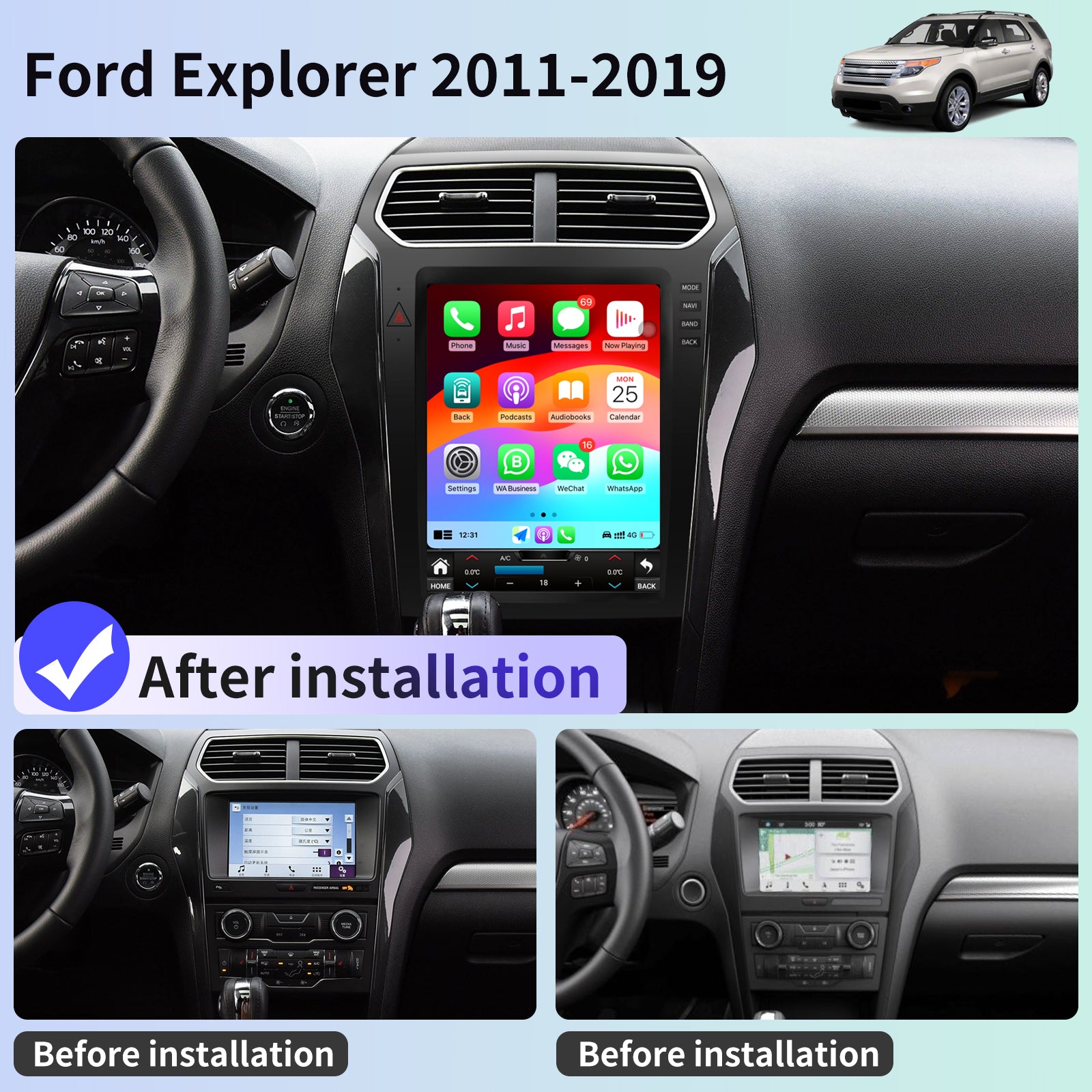 Car Radio for Ford Explorer Interceptor 2011-2019 Stereo Replacement CarPlay Android Auto 12.1 Inch Upgrade Tesla Style Touch Screen with DSP in Dash HeadUnit Multimedia Player Audio GPS Navigation