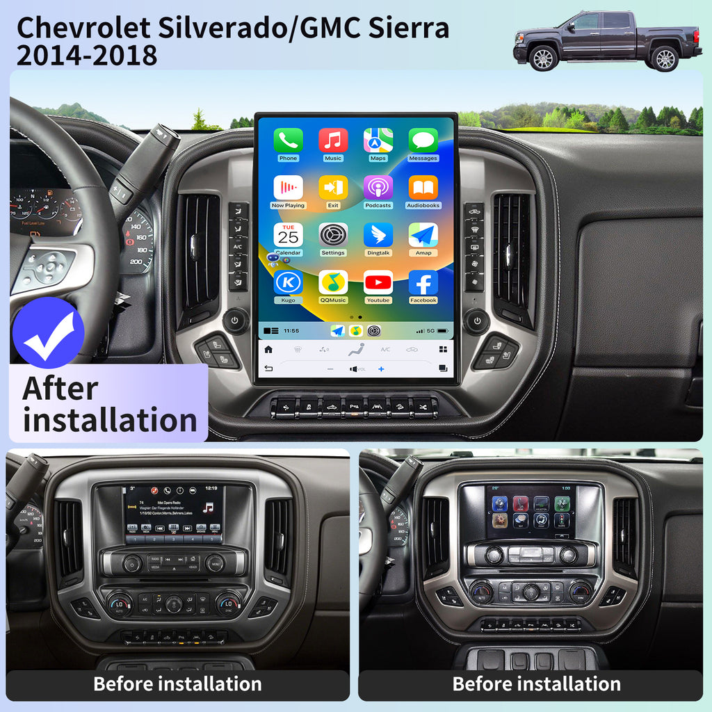 Car Radio for Chevrolet Silverado GMC Sierra 2014-2019 Stereo Replacement Head Unit 15.6 Inch 2K IPS Touch Screen Tesla Style Carplay Android Auto GPS Navigation Multimedia Play