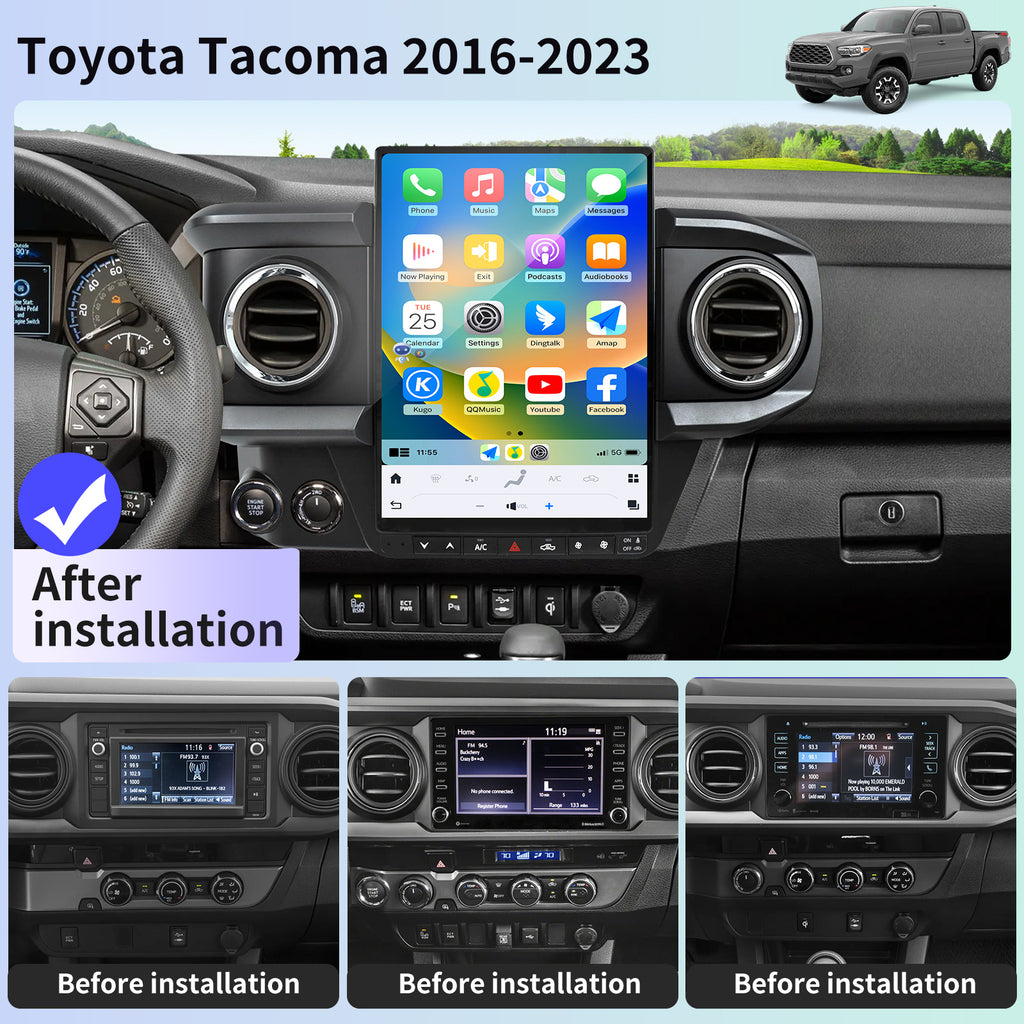 Qualcomm Car Radio for Toyota Tacoma 2016-2023 Stereo Replacement Head Unit 13.8 Inch 2K IPS Touch Screen Tesla Style Carplay Android Auto GPS Navigation