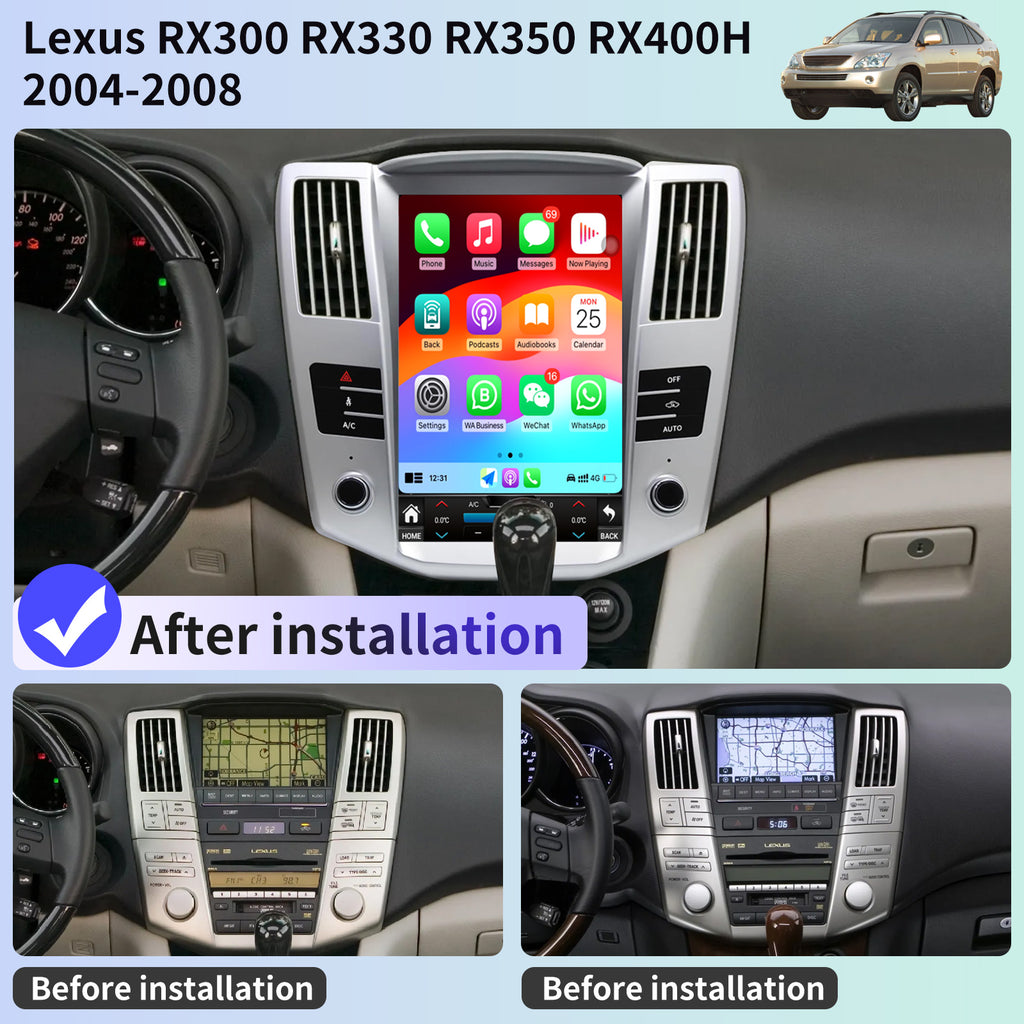 Car Radio Stereo for Lexus RX RX300 RX330 RX350 RX400H 2004-2008 Replacement Carplay Android Auto 12.1 Inch Upgrade Tesla Style Screen with DSP in Dash Headunit GPS Navigation Audio