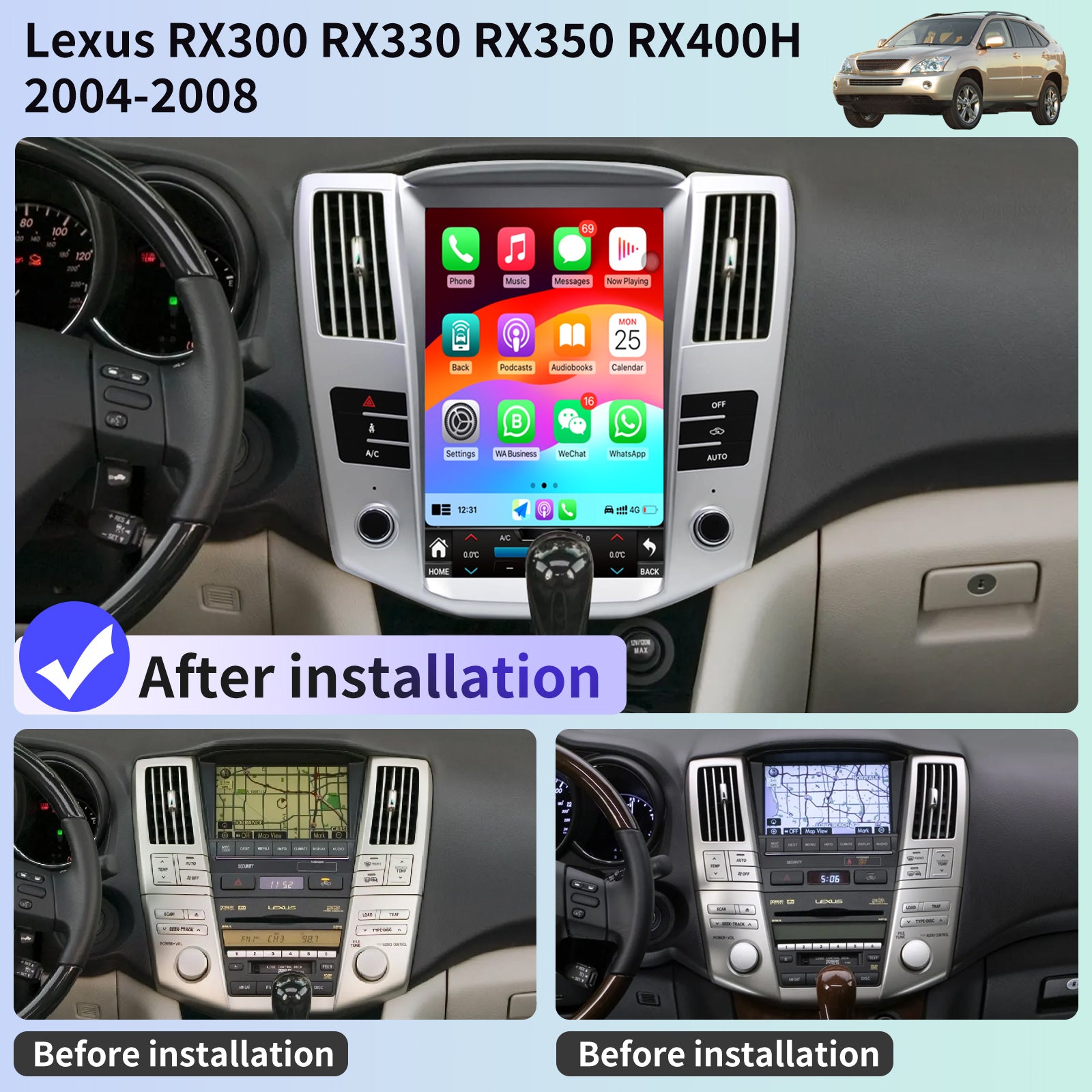 Car Radio Stereo for Lexus RX RX300 RX330 RX350 RX400H 2004-2008 Replacement Carplay Android Auto 12.1 Inch Upgrade Tesla Style Screen with DSP in Dash Headunit GPS Navigation Audio