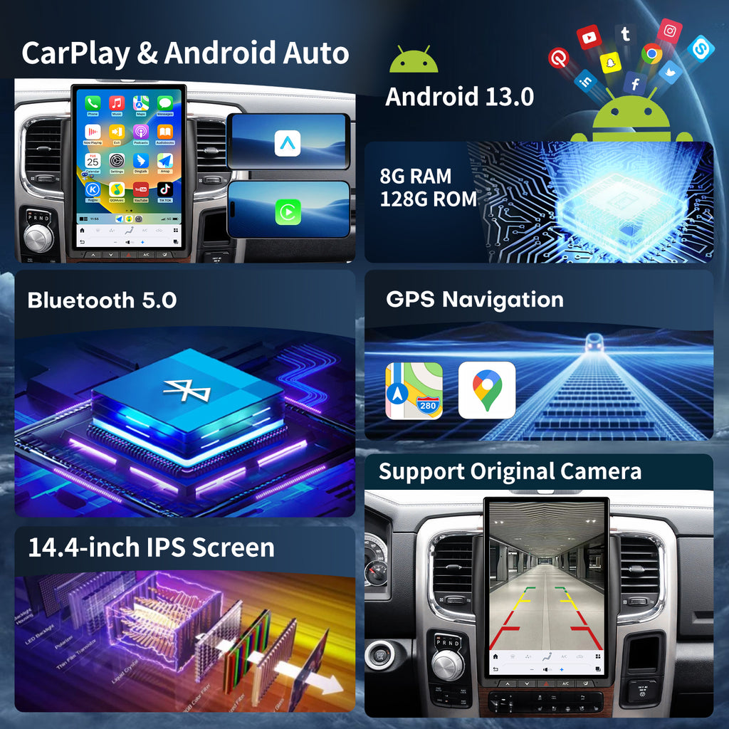 Car Radio for Dodge Ram 1500 2500 3500 2013-2018 Stereo Radio Replacement Upgrade 8Core 8+128G Wireless Carplay Android Auto 14.4 Inch IPS Touch Screen 4G WiFi SWC DSP