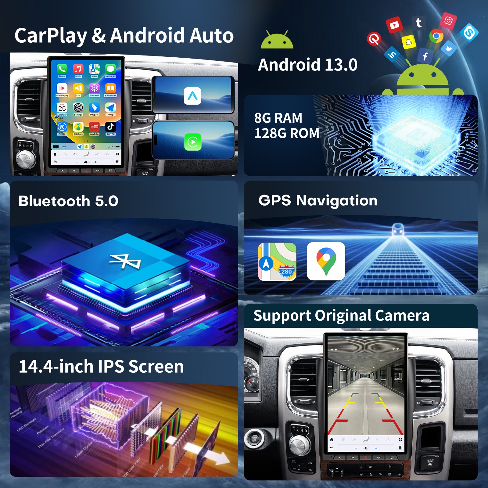 Car Radio for Dodge Ram 1500 2500 3500 2013-2018 Stereo Radio Replacement Upgrade 8Core 8+128G Wireless Carplay Android Auto 14.4 Inch IPS Touch Screen 4G WiFi SWC DSP