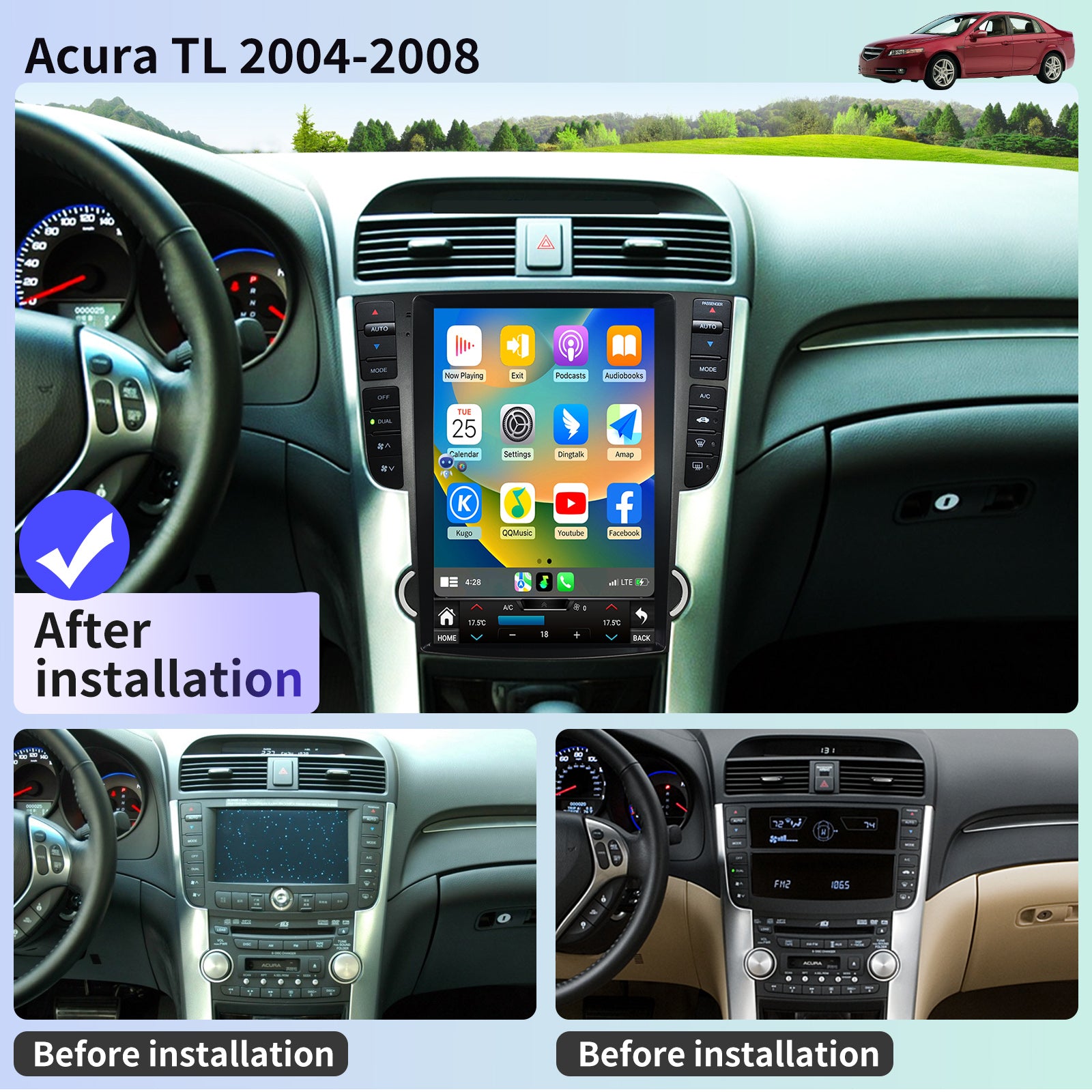 Car Radio for Acura TL 2004-2008 Relacement Stereo Carplay Upgrade Android Auto 12.1" Tesla Style Display Screen with DSP in Dash Headunit GPS Navigation Multimedia Player Voice Control