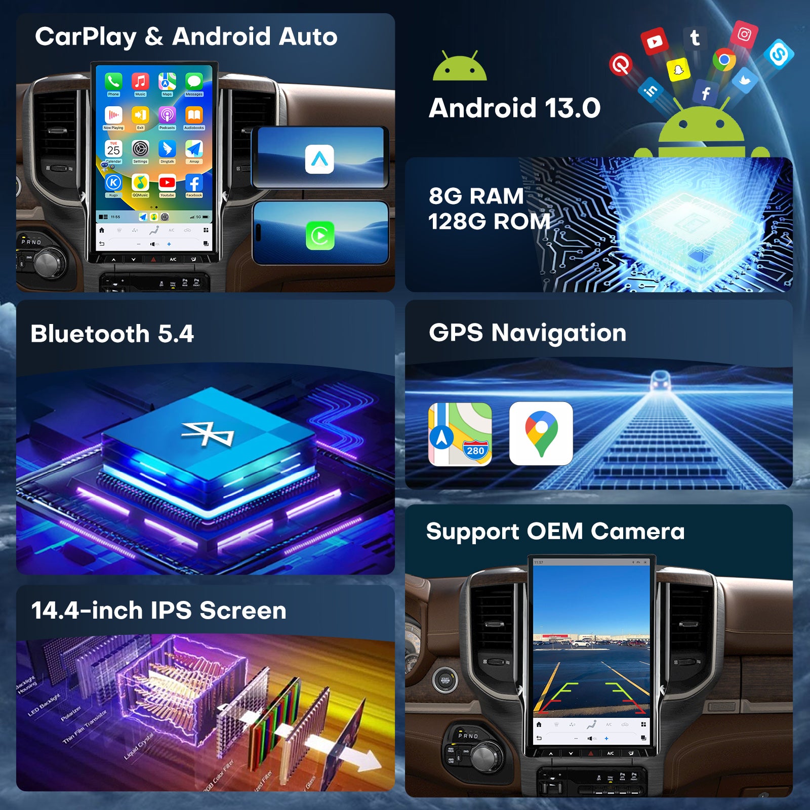 Car Radio for Dodge Ram 1500 2500 3500 2019 2020 2021 2022 2023 2024 Stereo Radio Replacement Upgrade 8Core 8+128G Wireless Carplay Android Auto 14.4 Inch IPS Touch Screen 4G WiFi SWC DSP