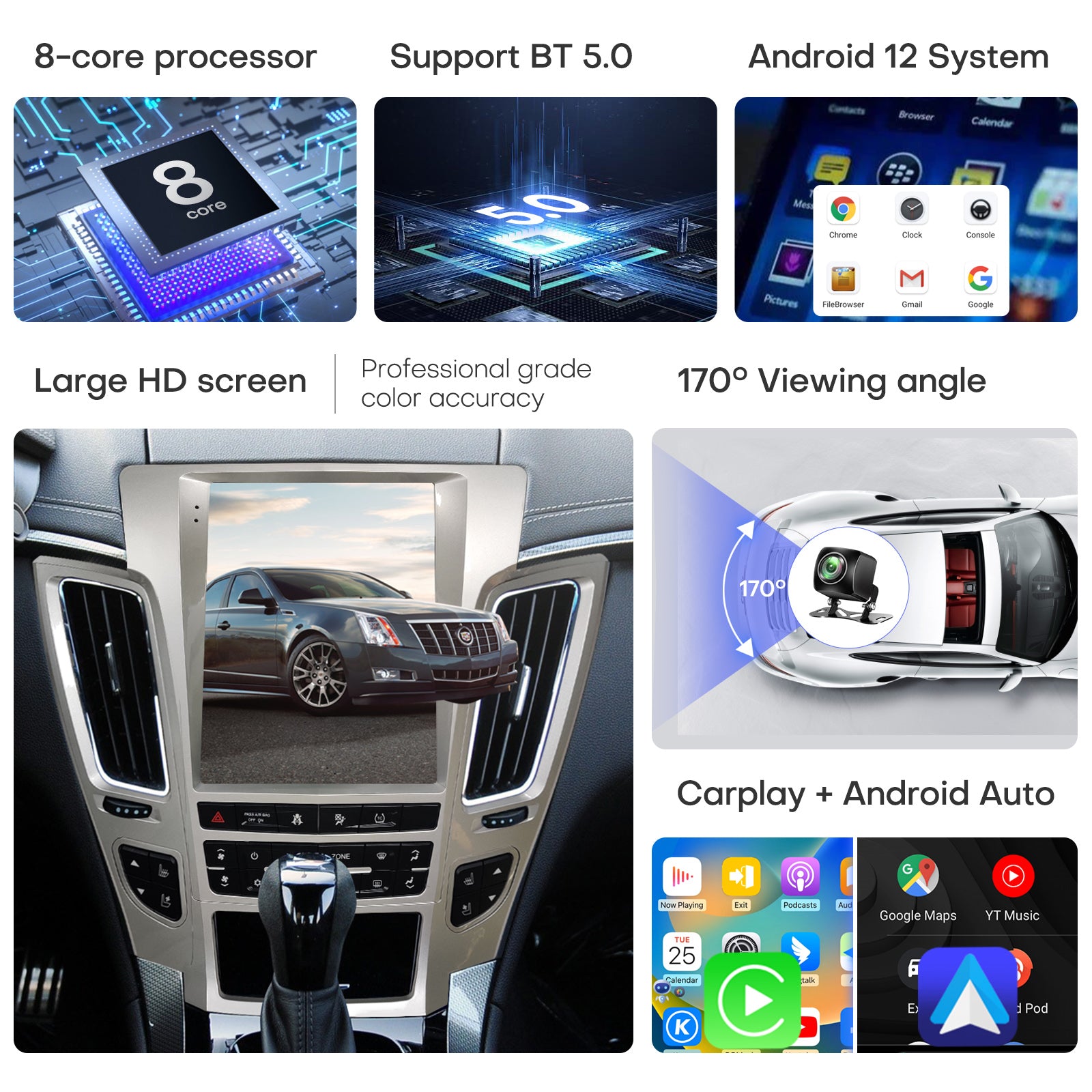 Car Radio for Cadillac CTS 2008-2012 Stereo Replacement Upgrade Carplay Android Auto Vertical Touch Screen Tesla Style with DSP in Dash Headunit Multimedia Player Audio Voice Control GPS Navigation
