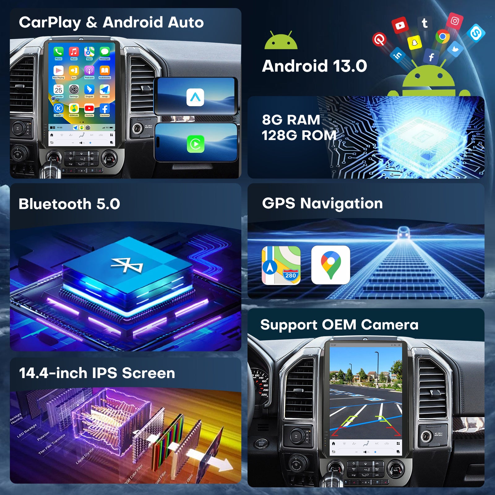 Car Radio for Ford F150 2015-2021 Radio Upgraded 8+128G Carplay Android Auto Android 13 14.4 Inches 2K Touch Screen Tesla Style Head Unit GPS Navigation 4G SWC