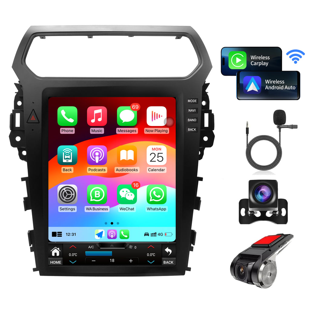 Car Radio for Ford Explorer Interceptor 2011-2019 Stereo Replacement CarPlay Android Auto 12.1 Inch Upgrade Tesla Style Touch Screen with DSP in Dash HeadUnit Multimedia Player Audio GPS Navigation