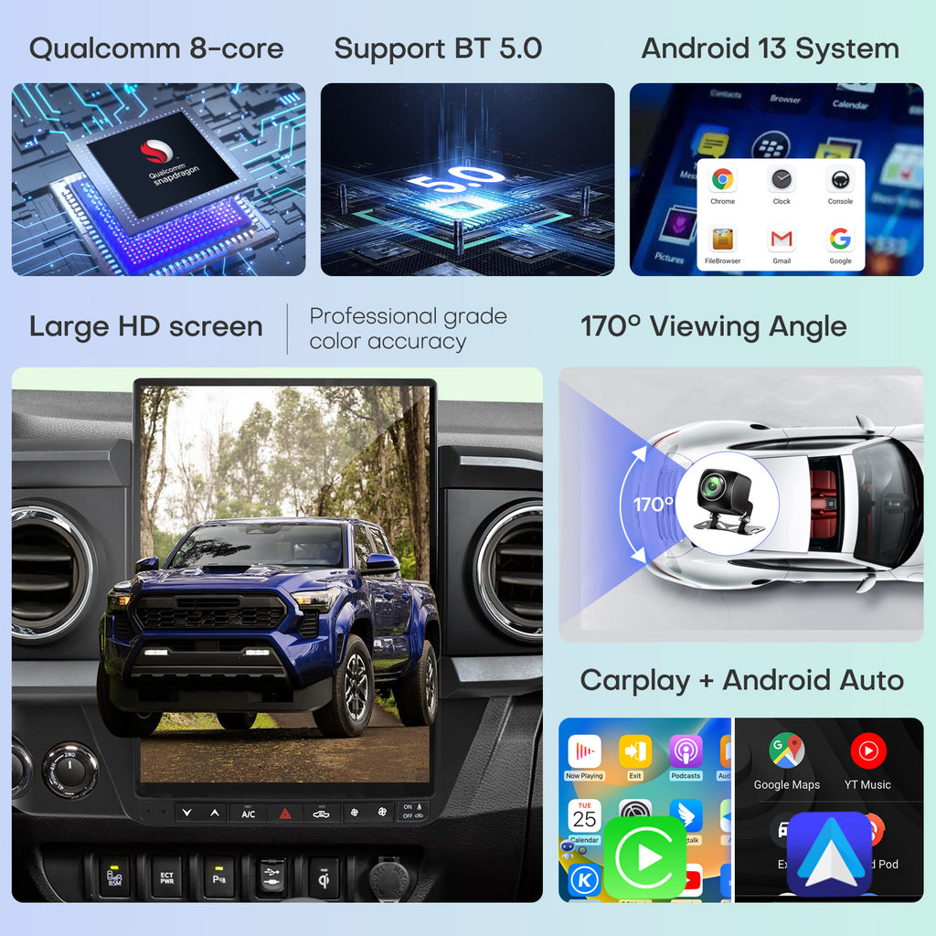 Qualcomm Car Radio for Toyota Tacoma 2016-2023 Stereo Replacement Head Unit 13.8 Inch 2K IPS Touch Screen Tesla Style Carplay Android Auto GPS Navigation