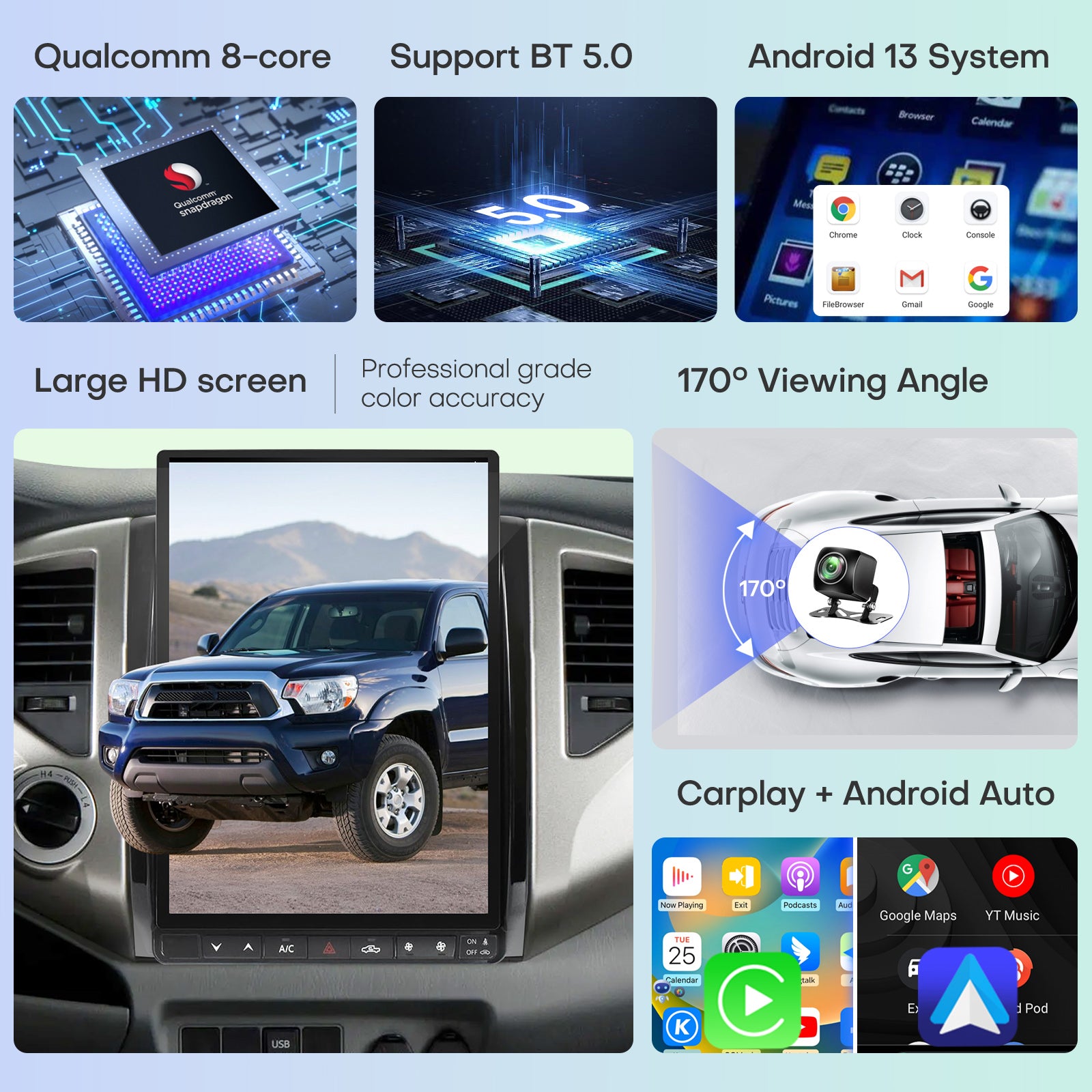 Qualcomm Car Radio for Toyota Tacoma 2005-2015 Stereo Replacement Head Unit 13.8 Inch 2K IPS Touch Screen Tesla Style Carplay Android Auto GPS Navigation