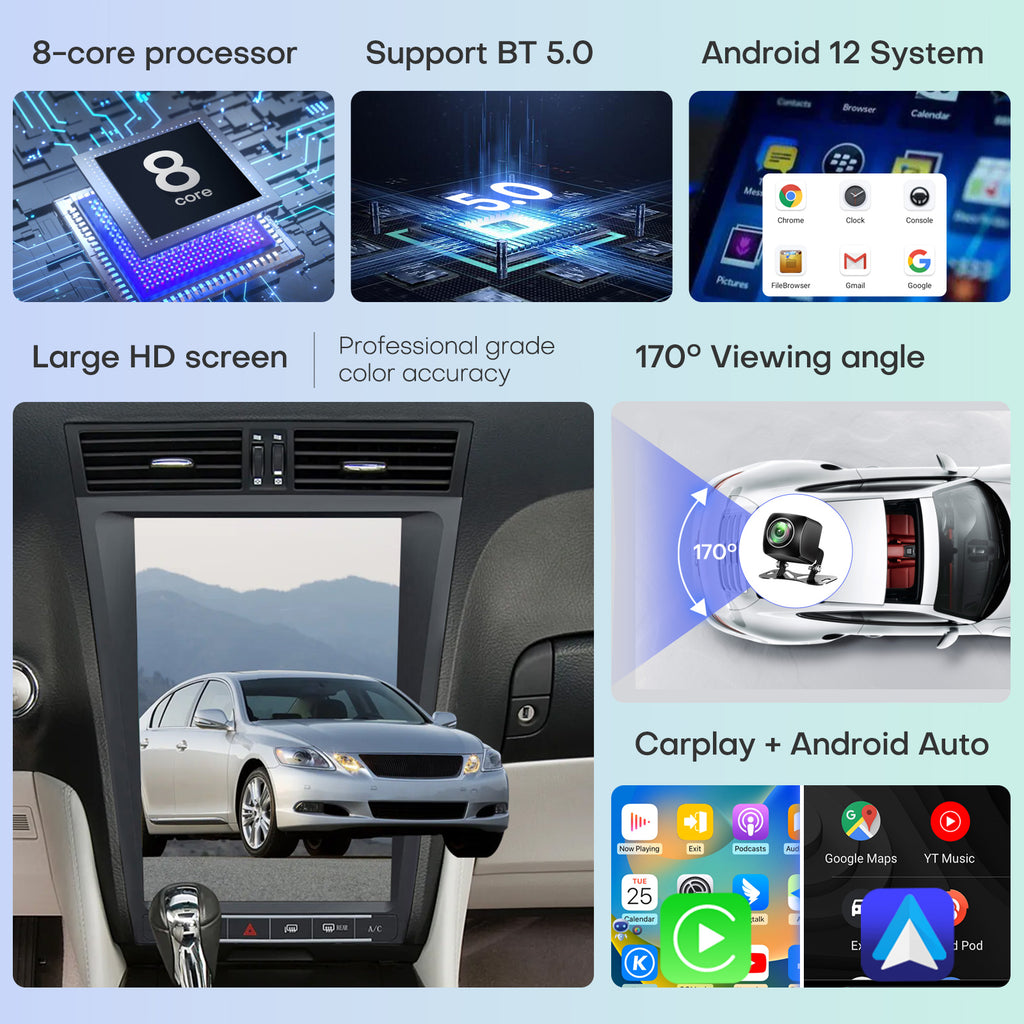 Car Radio Stereo for Lexus GS GS300 GS350 GS400 2004-2011 Replacement Carplay Android Auto 12.8 Inch Vertical Touch Screen Upgrade Tesla Style Audio with DSP in Dash Headunit Multimedia Player