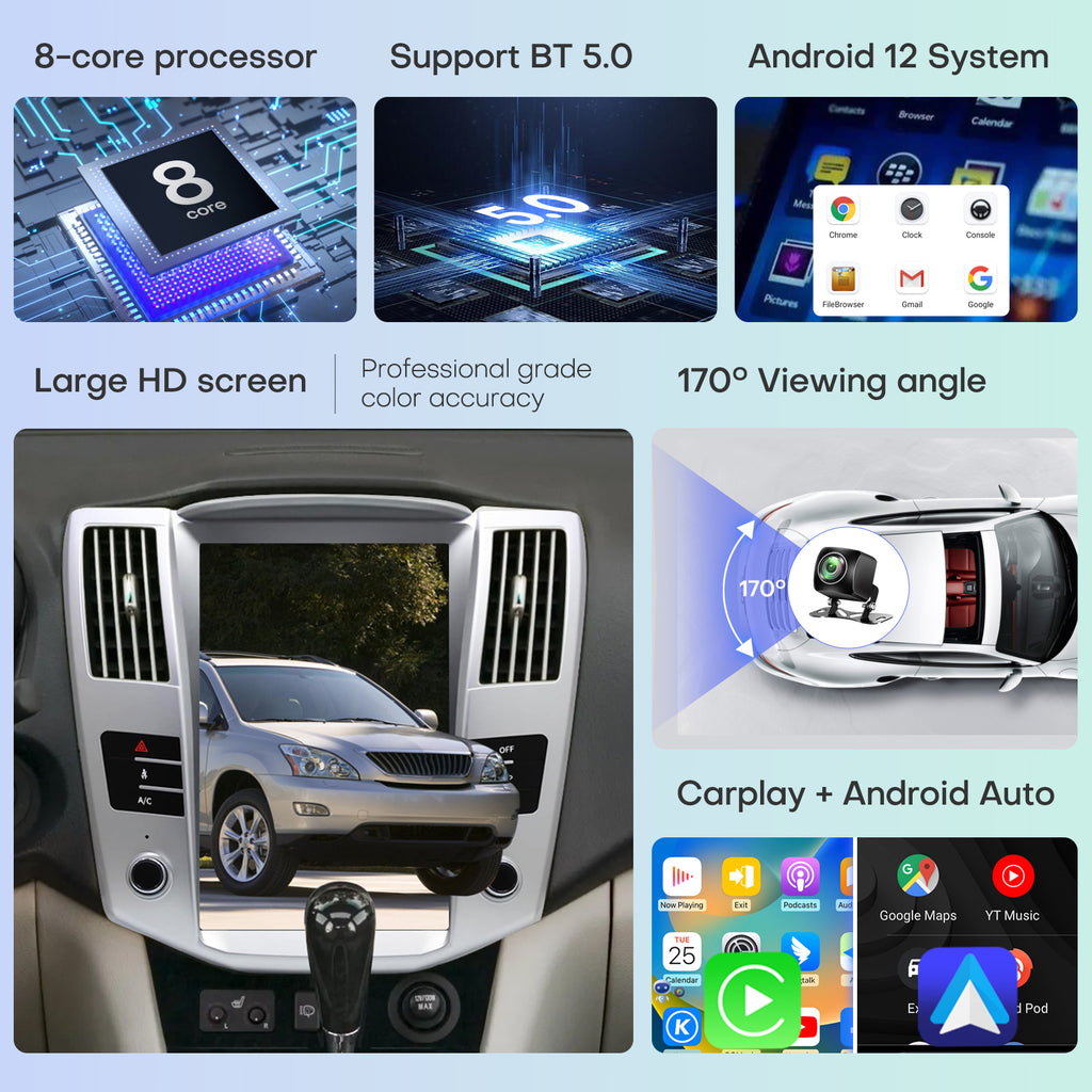 Car Radio Stereo for Lexus RX RX300 RX330 RX350 RX400H 2004-2008 Replacement Carplay Android Auto 12.1 Inch Upgrade Tesla Style Screen with DSP in Dash Headunit GPS Navigation Audio