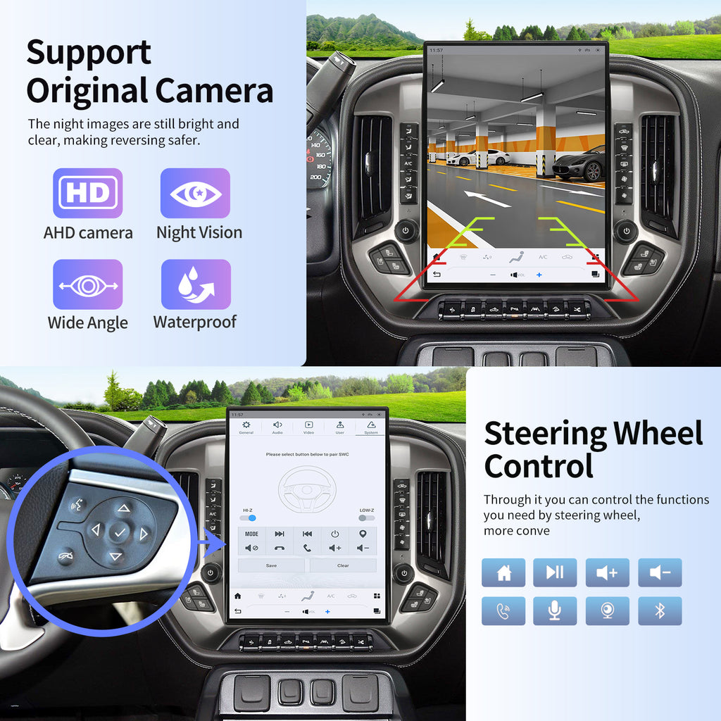 Car Radio for Chevrolet Silverado GMC Sierra 2014-2019 Stereo Replacement Head Unit 15.6 Inch 2K IPS Touch Screen Tesla Style Carplay Android Auto GPS Navigation Multimedia Play